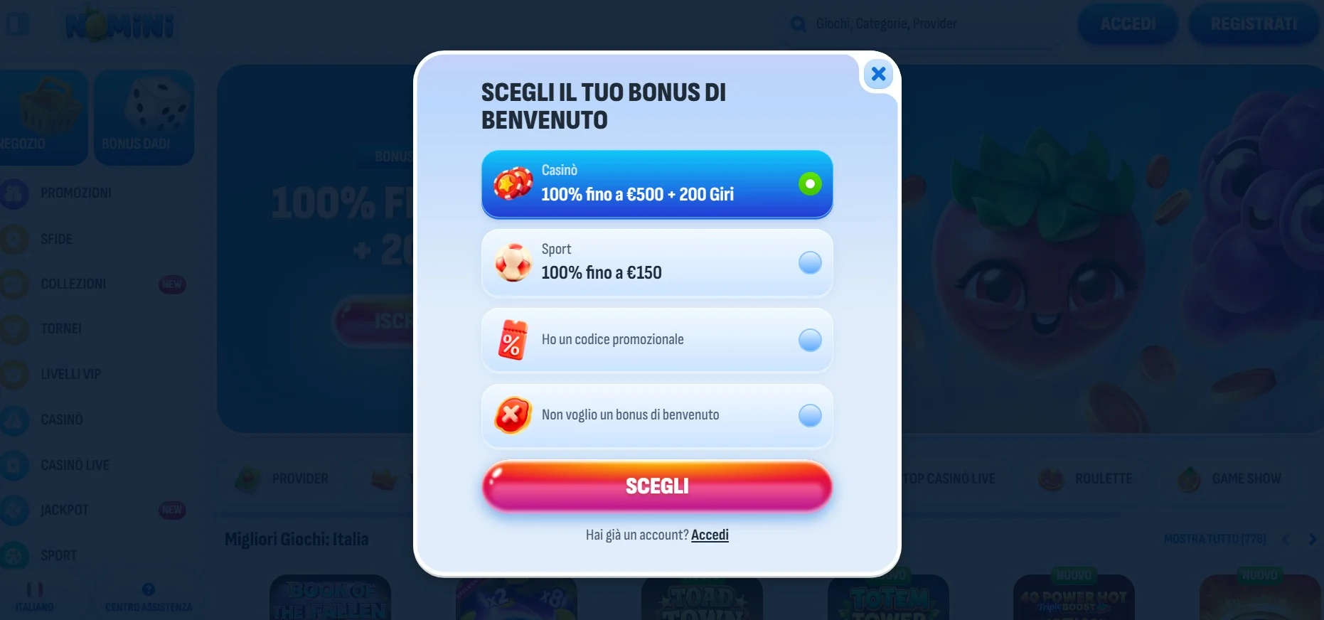 Bonus di benvenuto di Nomini Casino fino a 500 € e 200 giri per l'Italia